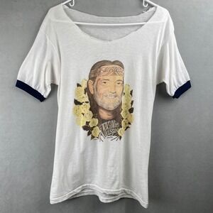 VTG Willie Nelson 80s Ringer T-Shirt Country Music Yellow Roses White Navy S/M